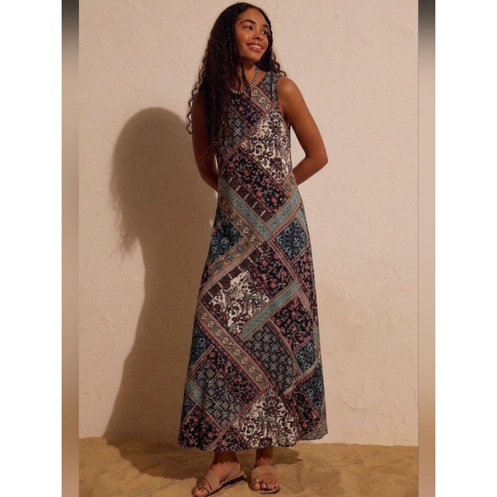 J.Jill Petite Large Sleeveless Maxi Dress Boho Patchwork Print Pockets Artsy